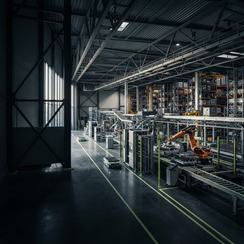 Automated industrial equipment inside a modern facility